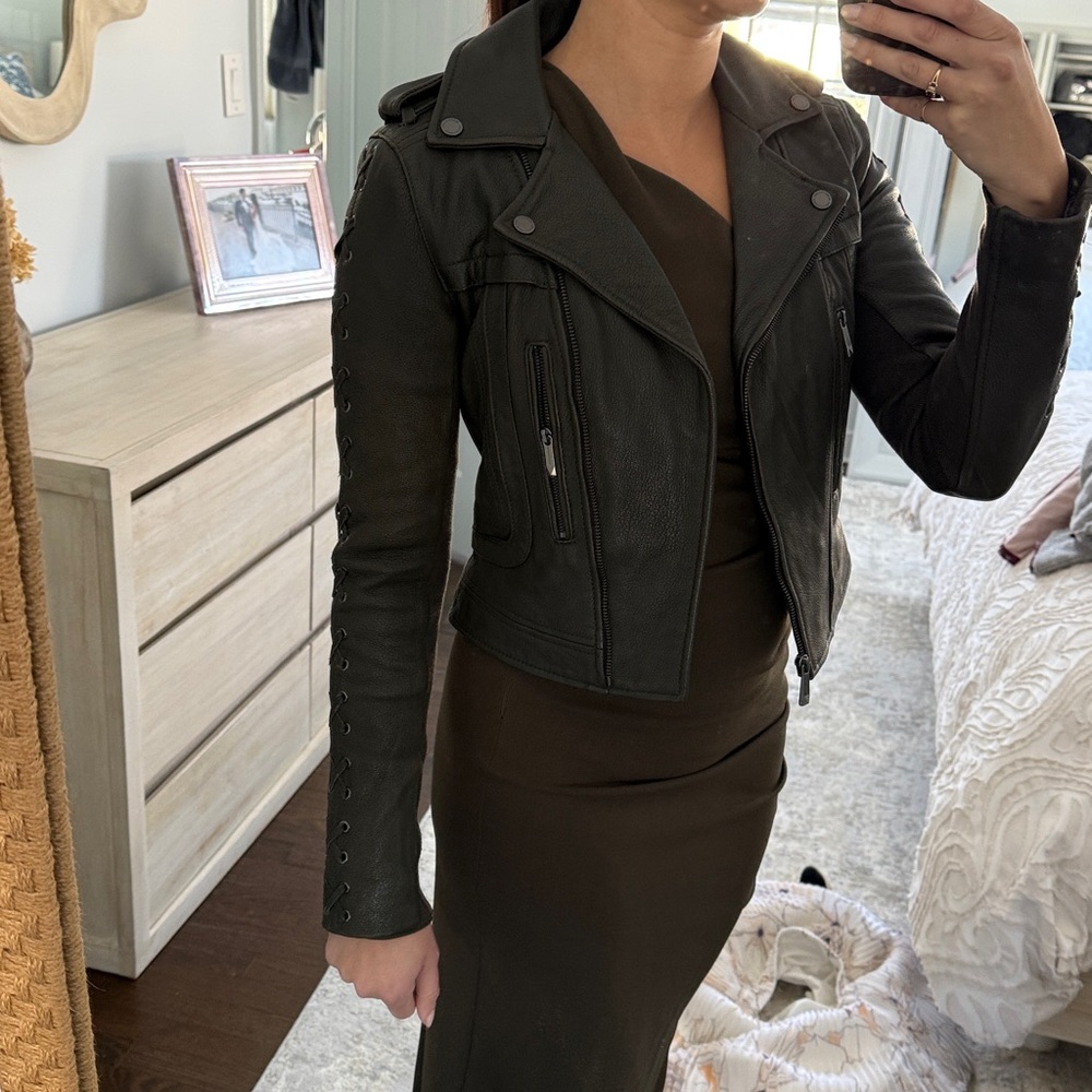 BCBG MaxAzria Genuine Leather Olive Coat with Lace Up XXS - Picture 12 of 16